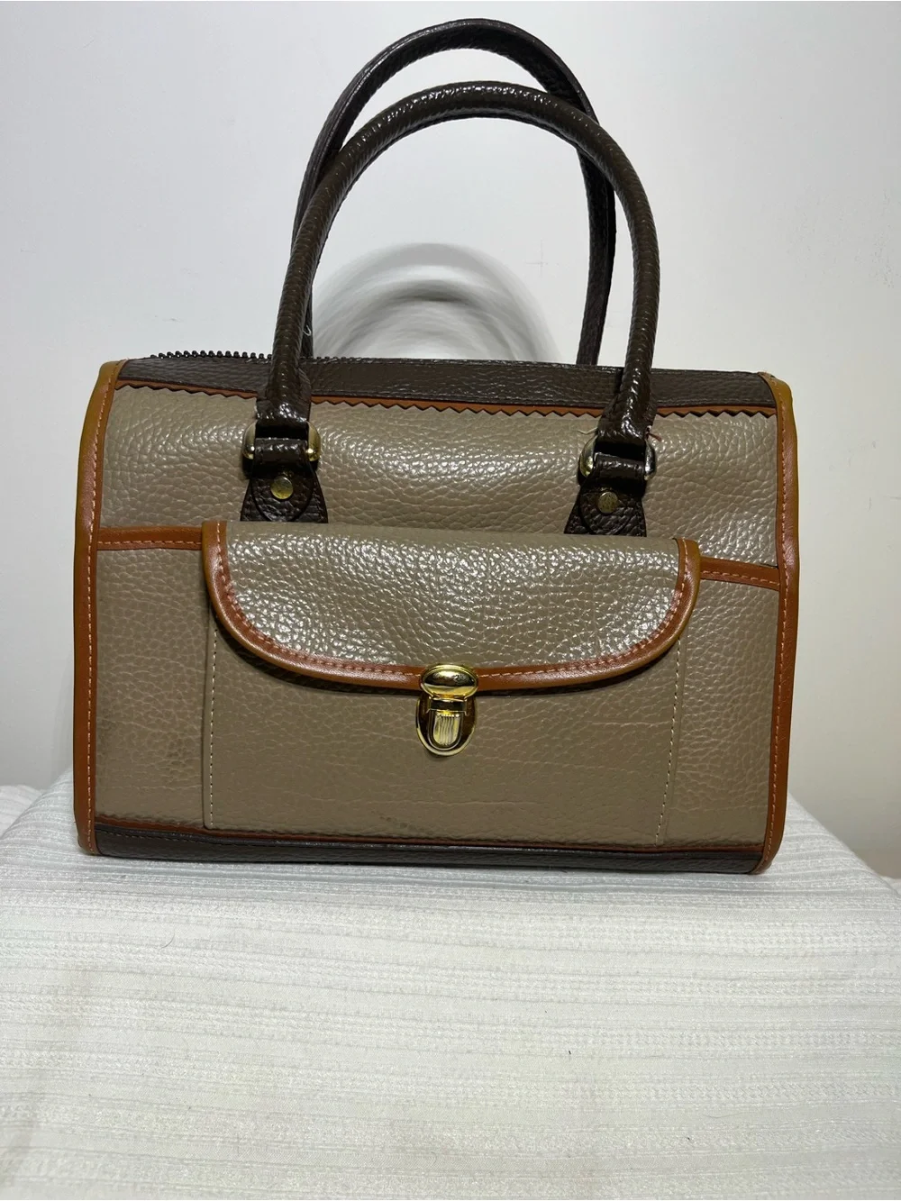 Taupe Satchel with Brown Handles and Tan Trim